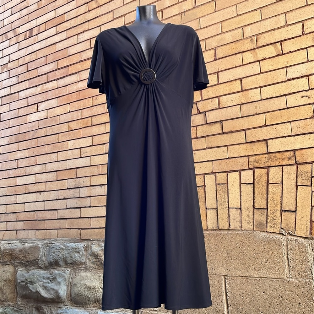 Y2k Evan Picone Black fit flare flutter sleeve faux front knot tie dress Size 16